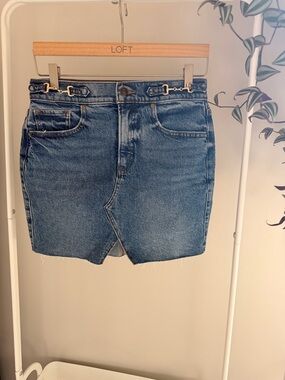 Express Blue Denim Mini Skirt with Front Notch and Gold Horse-bit Hardware